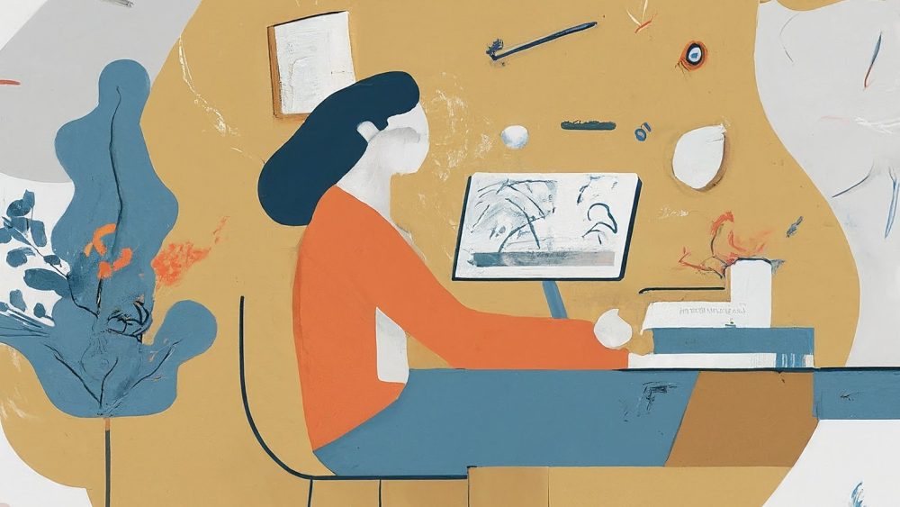 Illustration of a woman doing B2B copywriting at a computer desk